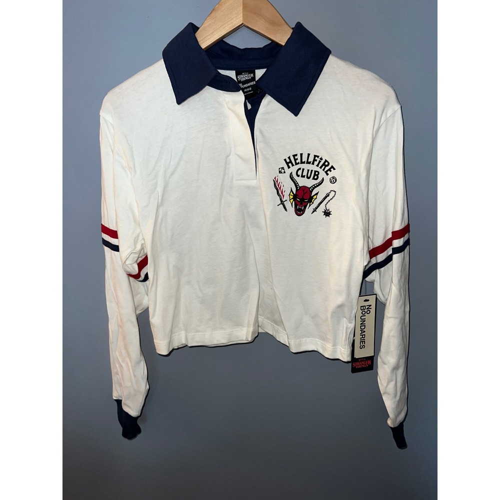 No Boundaries Stranger Things Hellfire Club Cropped Rugby Shirt White XS 0-2 NWT